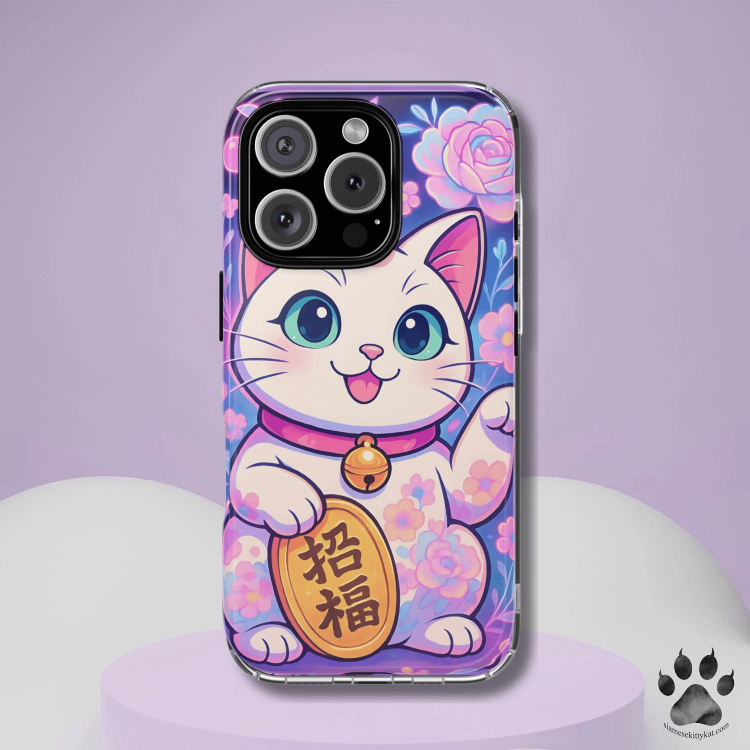 This vibrant tough phone case features a charming maneki-neko (beckoning cat) surrounded by pink and purple floral accents. Symbolizing prosperity and good fortune, this adorable design brings a playful pop of color and meaning to your everyday carry.