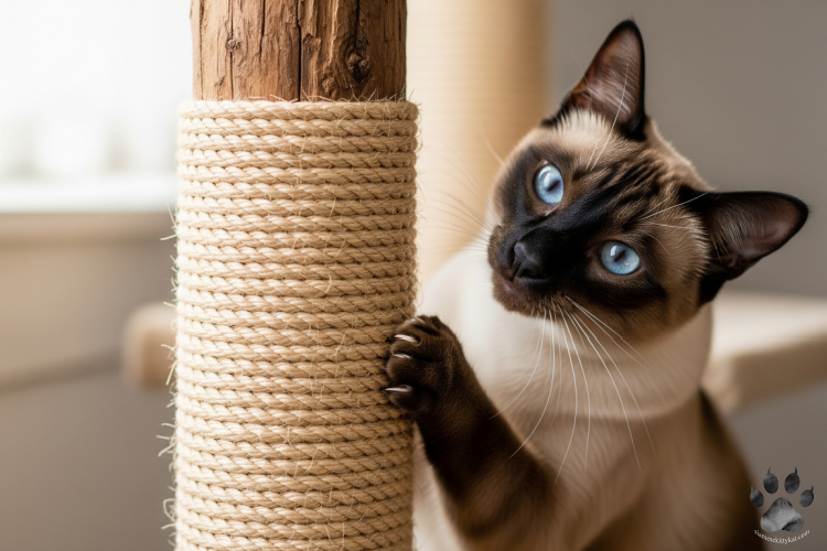 This Siamese cat loves a homemade rope post—perfect for active play and essential Siamese cat care on a budget.