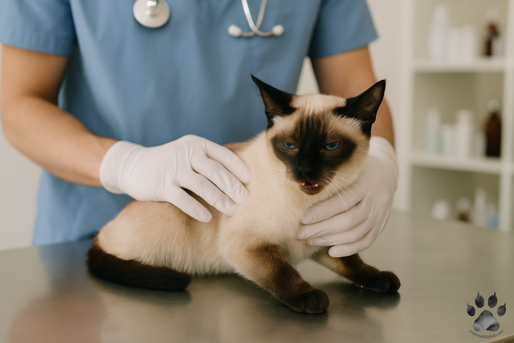 Siamese cat on a stainless steel exam table at the vet, gently held by a vet wearing gloves, preparing for spaying