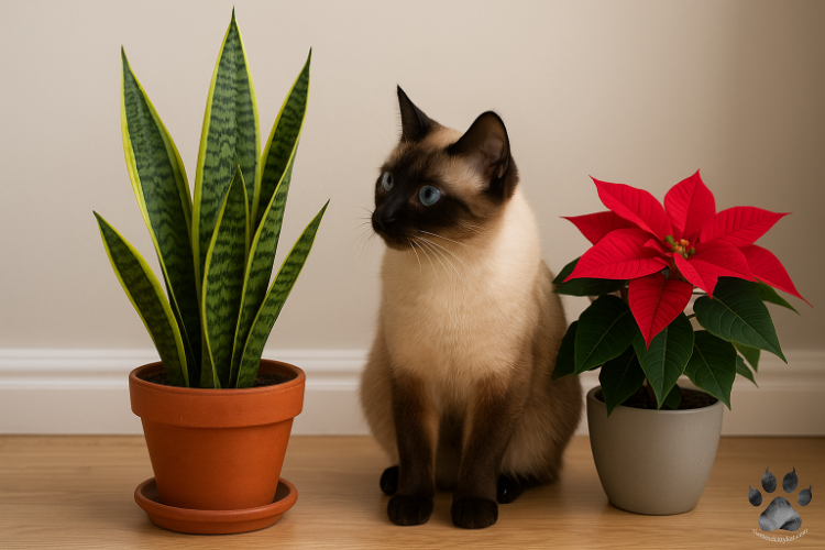 Siamese cat sitting beside a snake plant and poinsettia, two common household plants poisonous to cats.