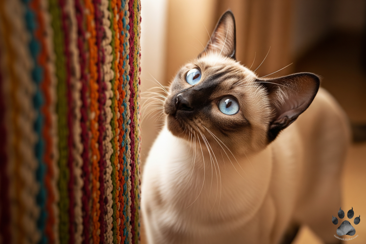 A playful Siamese cat inspects a colorful DIY yarn post—great for budget-friendly Siamese cat care and stimulation.