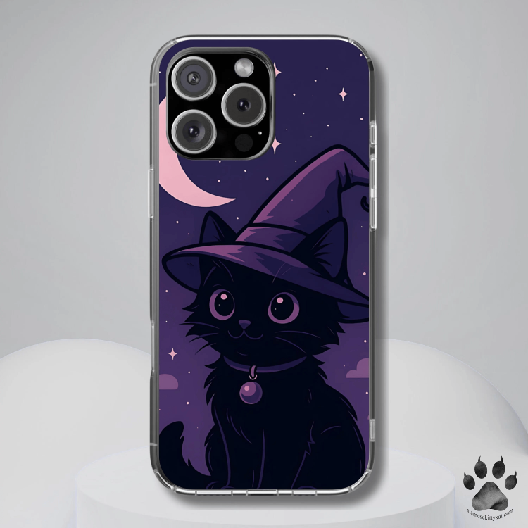 This witchy black cat phone case features a wide-eyed kitten in a pointed hat sitting under a crescent moon, surrounded by twinkling stars and soft clouds in a pastel goth color palette.