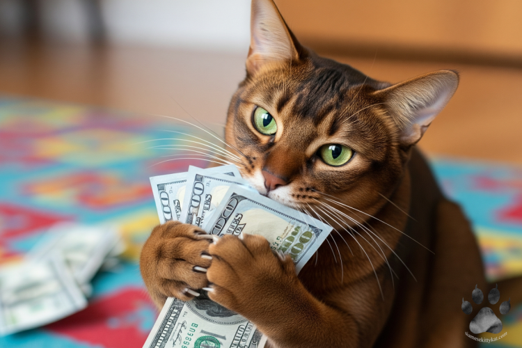 A Havana Brown cat with bright green eyes playfully holding a stack of U.S. dollar bills