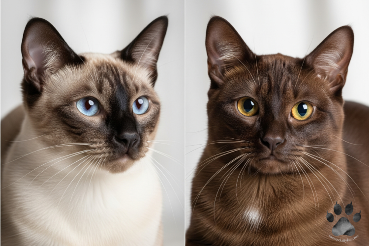 Close-up comparison of a Siamese cat with striking blue eyes and cream fur with dark points beside a Havana Brown cat with sleek chocolate-colored fur and golden-green eyes.