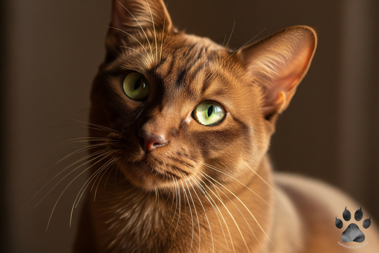 Close-up of a Havana Brown cat with sleek chocolate-brown fur and vivid green eyes, looking attentively at the camera.