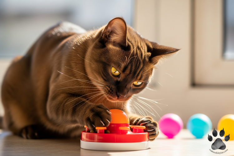 A Havana Brown cat with a sleek chocolate-brown coat and striking green eyes playing with a colorful toy indoors