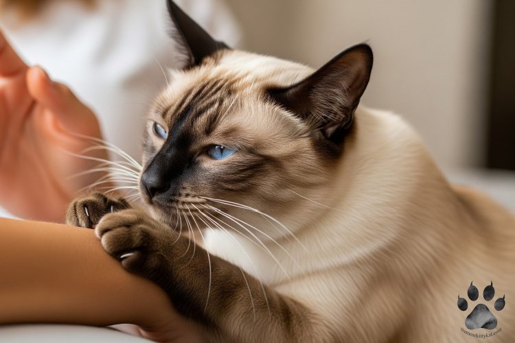 Sweet Seal Point Siamese cat sleeping curled up next to its owner, showing the affectionate and loving nature of Siamese cats.