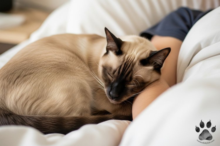 Peaceful Seal Point Siamese cat sleeping curled up next to a person in bed, showcasing the comforting presence of Siamese cats as companions.