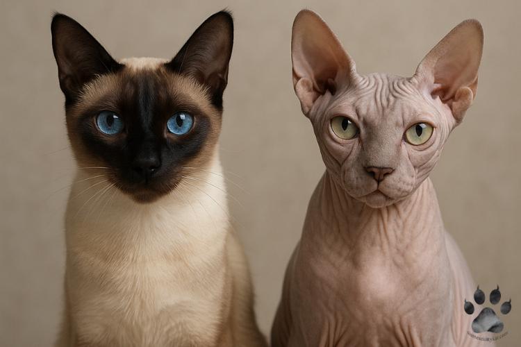 A realistic photo of a Siamese cat and a Sphynx cat sitting side by side on a soft beige background. The Siamese cat has bright blue eyes, a cream coat with dark brown points, and sleek fur, while the hairless Sphynx cat shows wrinkled pinkish-gray skin and large ears. Perfect image for pet blogs, cat breed comparisons, or feline care websites.