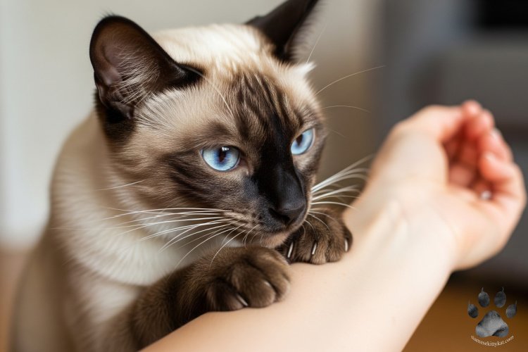 Curious Seal Point Siamese cat gently grasping a person's arm with its paws, showing the playful and loyal nature of Siamese cats.